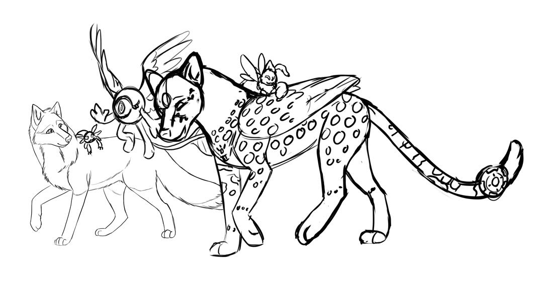 Chat Group Sketch A sketch of a fox, axolotl, flying eyeball, mothcat, and winged jaguar walking and talking together.
