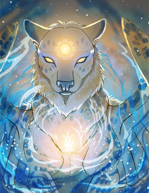 An intricate image of Bex's animal persona: a jaguar and dog mixed creature with wings and blue spots and a sun wheel on her head. Her chest crest and forehead crest are glowing like a sun, and blue flames are emanating from them.